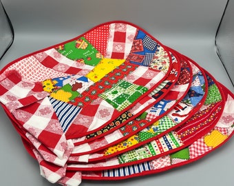 Six Handmade Red and White Cotton Placemats with Napkins (missing one napkin)