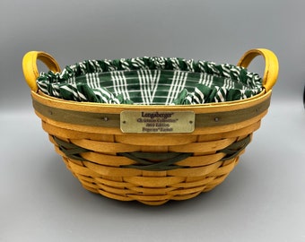 Round Christmas Edition Longaberger Popcorn Basket with Green and White Stripped Liner