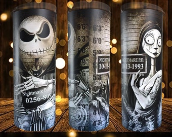 Jack Skellington mug shot tumbler, nightmare tumbler, nightmare before Christmas tumbler, 20oz straight tumbler sally mugshot