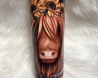 Highland Cow tumbler, farm tumbler, cow with flowers, cheetah print, cheetah cow tumbler