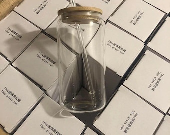 Ready to Ship Blank 16 oz Sublimation Libby can, sublimation glass can, sublimation, cup with straw, bamboo lid