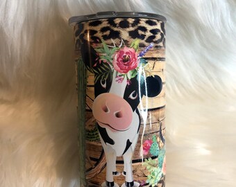 Cow tumbler, farm tumbler, cow with flowers, cheetah print, cheetah cow tumbler