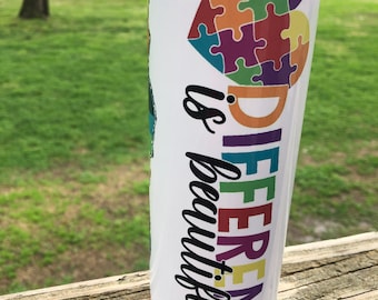 Autism awareness tumbler, different is beautiful, personalized autism tumbler, Autism Mom Cup