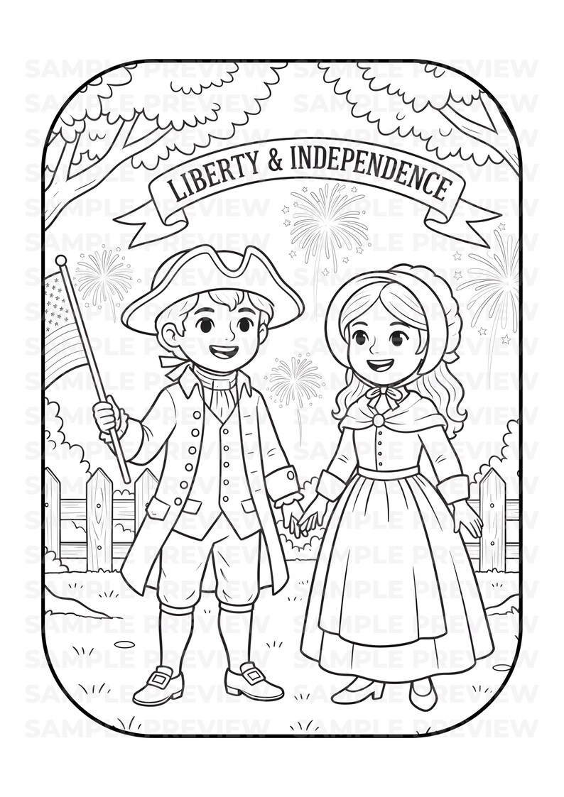 250th Independence Day Coloring Book, 10 B&W Sketches, 10 Colored