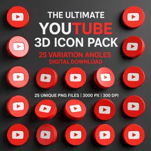 Peut inclure: Plusieurs icônes YouTube 3D rouges avec des boutons de lecture blancs, sur fond gris foncé. Le texte indique "THE ULTIMATE YOUTUBE 3D ICON PACK" et "25 VARIATION ANGLES DIGITAL DOWNLOAD".