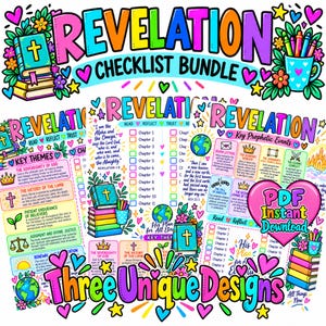 Può includere: Un pacchetto digitale di liste di controllo sull'Apocalisse con tre pagine illustrate e colorate, testo in grassetto, dettagli floreali e motivi a cuore. I design includono tracker per lo studio biblico e temi chiave con grafiche vivaci.