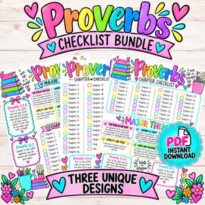 Peut inclure: Un ensemble de listes de contrôle pour les Proverbes comprenant trois designs uniques avec des illustrations colorées de livres, de fleurs et de cœurs. Les pages incluent des listes de chapitres, des versets et des thèmes. Un badge bleu indique PDF instant download.