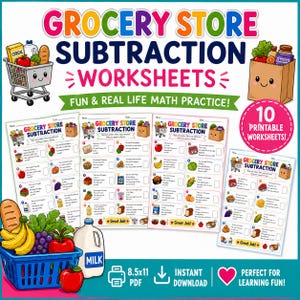 以下が含まれることがあります： Grocery Store Subtractionというタイトルの印刷可能な算数ワークシート10枚セット。ショッピングカート、紙袋、バナナ、牛乳、パン、リンゴなどの食料品のカラフルなイラストが描かれており、算数の練習に使用できます。