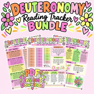 Può includere: Un pacchetto digitale per il monitoraggio della lettura del Deuteronomio con liste di controllo bibliche illustrate e colorate, temi chiave, versetti e caselle per i capitoli. Il design include accenti floreali, cuori e il testo "PDF Instant Download" in un carattere vivace.