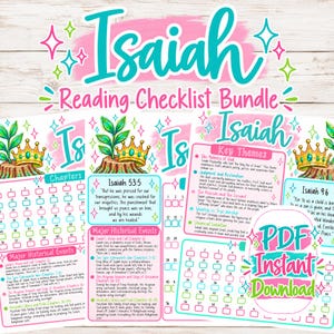 May include: A digital Isaiah Reading Checklist Bundle featuring colorful illustrations of a crown on a tree stump, star accents, and text including Isaiah, Key Themes, Major Historical Events, and PDF Instant Download on multiple pages.