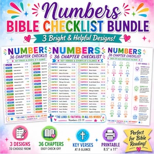 May include: A digital bundle of three colorful Bible reading checklists for the Book of Numbers, featuring 36 chapters, key verses, and events. The printable pages include checkboxes, bright text, and the quote The Lord is faithful in all His words.