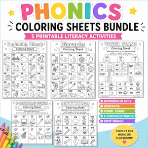 Könnte beinhalten: Ein Bündel aus fünf druckbaren Phonics-Malvorlagen mit Anfangslauten, Digraphen, Vokalverbindungen, R-kontrollierten Vokalen und Diphthongen. Jedes Blatt enthält schwarz-weiße Strichzeichnungen mit zugehörigem Text für Leseübungen.