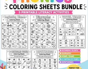 May include: A bundle of five printable phonics coloring sheets featuring Beginning Blends, Digraphs, Vowel Teams, R-Controlled Vowels, and Diphthongs. Each sheet contains black and white line drawings with corresponding text for literacy practice.