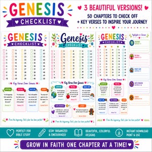 May include: A colorful Genesis checklist with three versions, featuring 50 chapters to check off and key verses. The design includes floral accents and inspirational quotes, perfect for Bible study and staying organized.