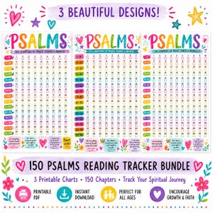 May include: Three colorful reading tracker charts for the 150 Psalms, each featuring numbered checkboxes from 1 to 150, decorative hearts, stars, and inspirational text. The bundle includes printable charts to track spiritual reading progress.