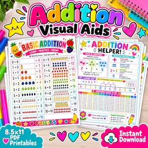 May include: Two educational posters titled Addition Visual Aids, Basic Addition, and Addition Helper. The charts feature colorful fruit illustrations, number lines, and math vocabulary to teach addition facts from 0 to 20 on 8.5x11 inch paper.