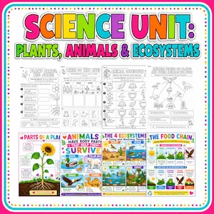May include: A science unit educational resource titled Plants, Animals & Ecosystems featuring colorful headers and multiple black and white worksheets. The materials include diagrams of plant parts, food chains, animal habitats, and colorful posters.