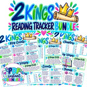 Pode incluir: Um pacote de rastreamento de leitura digital para 2 Reis com texto colorido escrito à mão, ilustrações de pergaminhos e coroas, e seções para eventos-chave, capítulos e versículos. Inclui um emblema de download em PDF.