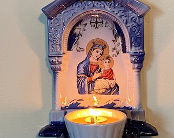 Beach House Ceramic Wall Decor Light, Orthodox Wall Vigil Lamp with the Icon of the Mother of God with a Child, House Warming Religious Gift