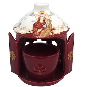 Greek Orthodox Ceramic Vigil Lamp with the image of the Holy Theotokos in Burgundy Color, Housewarming Gift, Home Décor, Byzantine Oil Lamp