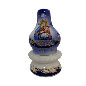 Vigil Lamp, Hand-crafted Orthodox Ceramic Vigil Oil Lamp, Votive Candle Holder with Icon of the Mother of God in Royal Blue and White Colors