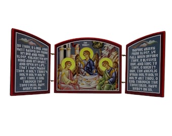 Holy Trinity Orthodox Icon Wooden Triptych, Travelling Icon, Desk Icon Décor, Orthodox Home Prayer Corner Icon, Baptism Gift, Home Decor