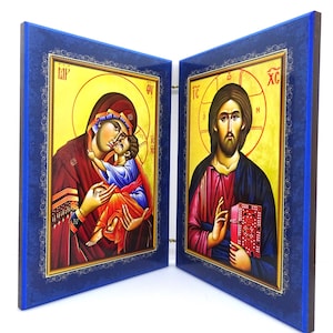 Orthodox Icon Diptych of Jesus Christ the Teacher and Holy Theotokos, Greek Orthodox Icon Diptych, Father's Day Orthodox Gift, Home Decor
