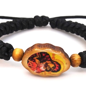 Adjustable Orthodox Christian Bracelet with Double-sided Wooden Ornament of Holy Theotokos and Jesus Christ