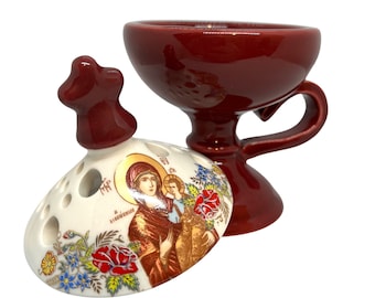 Burgundy Color Greek Orthodox Ceramic Hand Censer Incense Burner for Home Use, Orthodox Home Decor, Fragrance Incense Burner for Home Use