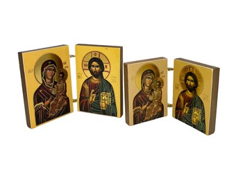 Kleines kybernetisches christliches Diptychon mit Ikone der Jungfrau Maria und Jesus Christus, Vatertagsgeschenk, Abschlussgeschenk, religiöses Wohndekor