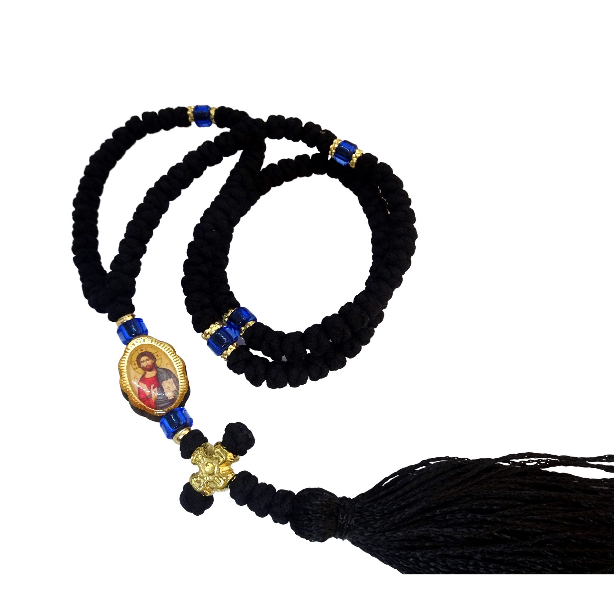 100 knots Greek Orthodox Handmade Prayer Rope with Double-Sided Icon, Prayer Rope with Icon Medallion of Jesus Christ and Holy Theotokos