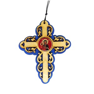 May include: A wooden cross with a blue border and a round icon of the Virgin Mary and baby Jesus in the center. The cross has a decorative, ornate design.