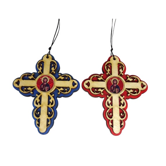 Laser Cut Wooden Orthodox Cross Ornament: Icon Car Accessory
