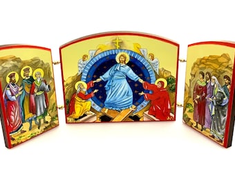 Orthodox Wooden Triptych, Easter Gift, Religious Home Decor, Resurrection of Lord Jesus Christ