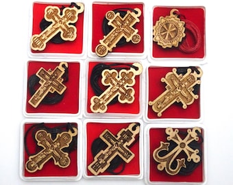 Set of 9 Wooden Orthodox Cross Pendants, Religious Jewelry Necklace, Wooden Crucifix Pendant