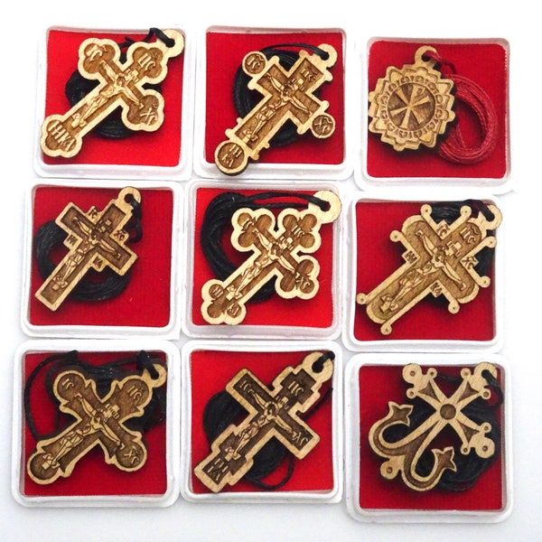 Set of 9 Wooden Orthodox Cross Pendants, Religious Jewelry Necklace, Wooden Crucifix Pendant