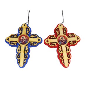 May include: Two wooden crosses with intricate designs, one painted blue and the other red. Each cross features a round image of an angel with a sword, set against a gold background.