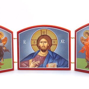 Archangel Michael and Archangel Gabriel Orthodox Icon Wooden Triptych, Traveling Icon Desktop Triptych, Baptism Gift, Greek Orthodox Icon
