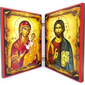 Icon Diptych, Greek Orthodox Wooden Diptych, Small Wooden Byzantine Icon Diptych, Father’s Day Gift, Orthodox Gift, Home Decor,