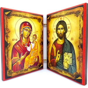 Icon Diptych, Greek Orthodox Wooden Diptych, Small Wooden Byzantine Icon Diptych, Father’s Day Gift, Orthodox Gift, Home Decor,