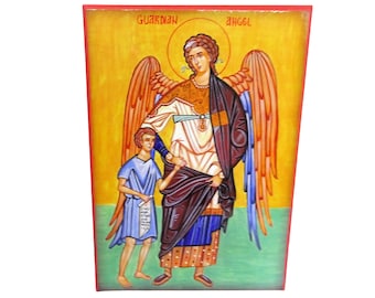 Placa de madera de ángel guardián, decoración de pared de ángel guardián, arte infantil de ángel guardián, impresión de icono ortodoxo de ángel guardián con niños