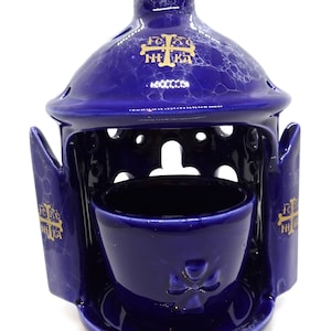 Orthodox Ceramic Vigil Lamp Decorated with Gold-tone Orthodox Byzantine Cross, Blue Color Table Oil Burner for Display in the Icon Corner