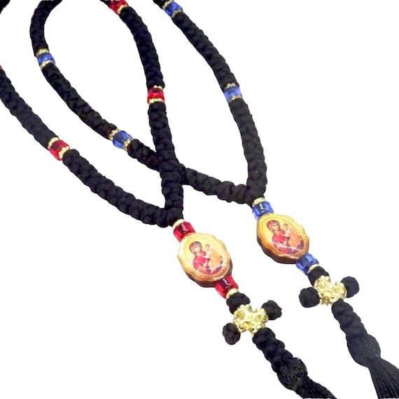 Handmade Greek Orthodox Prayer Rope: Jesus Christ & Mother of God Icon