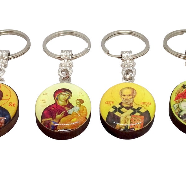 Wooden Keychain with Greek Orthodox Icon Pendant and Cross, Purse Charm, Father’s Day Gift, Religious Gift, Car Accessory