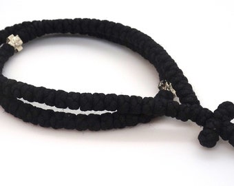 Handmade Orthodox Prayer Rope: Knotted Cross, Black Polyester, Mount Athos