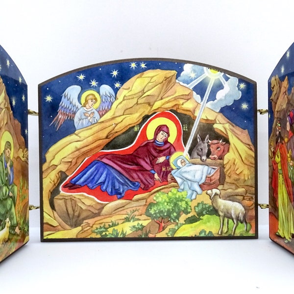 Orthodox Christian Christmas Triptych, Nativity Scene Icon Triptych, Christmas Gift, Housewarming Gift, Orthodox Home Gift