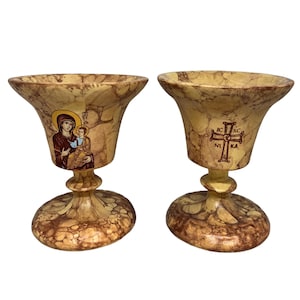 Decorative Greek Orthodox Vigil Lamp, Ivory-Beige Color Lamp with Image of the Holy Cross or Theotokos for home use, House Warming Gift