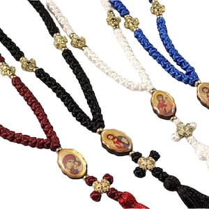 Gold-Tone Cross Prayer Rope 60 Knot with Double-Sided Icon Medallions of Jesus Christ and Holy Theotokos, Greek Orthodox Religious Gifts