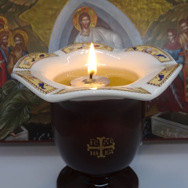 Ceramic Orthodox Vigil Lamp, Ceramic Oil Burner with the Greek Byzantine Cross, Housewarming Gift, Icon Corner Lamp, Orthodox Home Gift