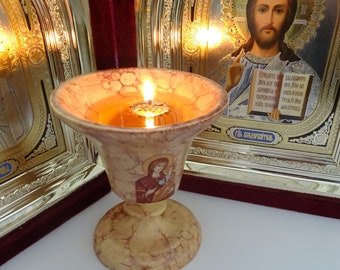 Tabletop Greek Orthodox Vigil Lamp in Ivory-Beige Color with Image of the Holy Cross for home or church use